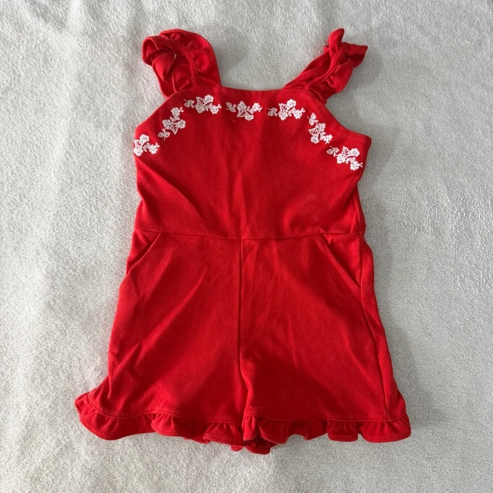 Janie and Jack | Red Embroidered Romper with Ruffle Hem | 5